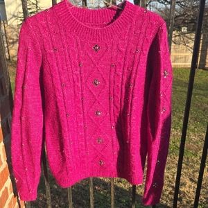 LOFT Magenta Embellished Cable Knit Sweater